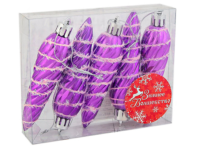 Набор елочных украшений "Сосулька с мишурой" 5 штук, 9,5 см, пластик, фиолетовый, в прозрачной коробке