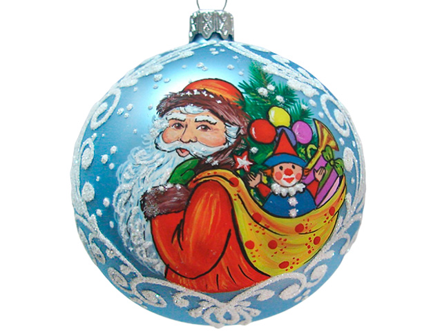 Елочное украшение Шар "Дед Мороз с подарками" 10 см, стекло 
