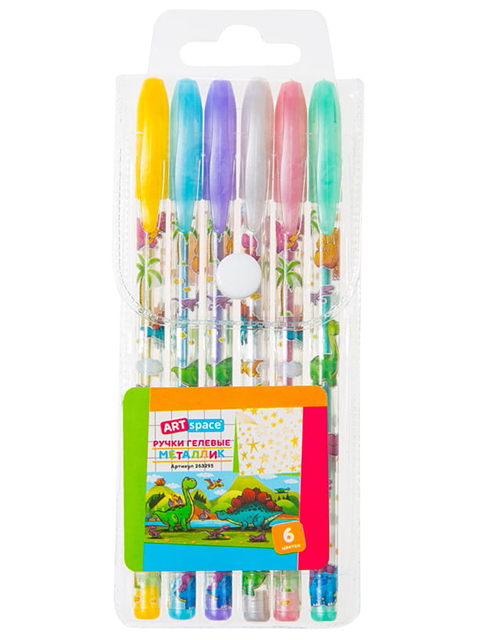 Набор гелевых ручек ArtSpace "Динозаврики" 6 цветов, металлик, ПВХ упаковке