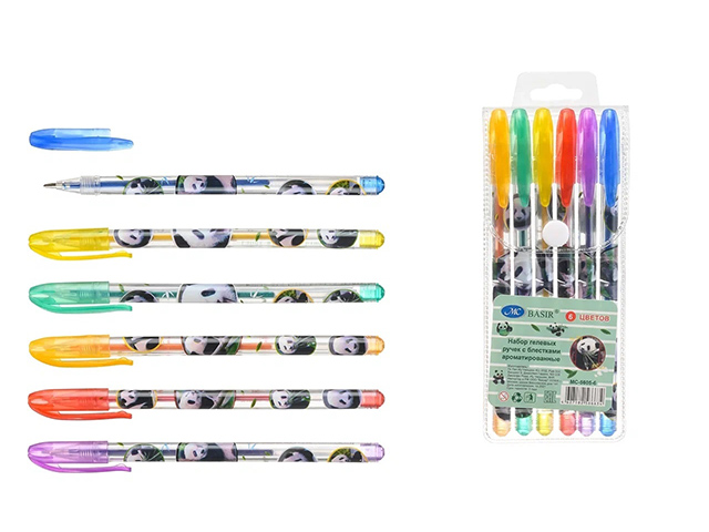 Набор гелевых ручек "Basir. Панда" ароматизир. с блестками, 6цв. в упак.