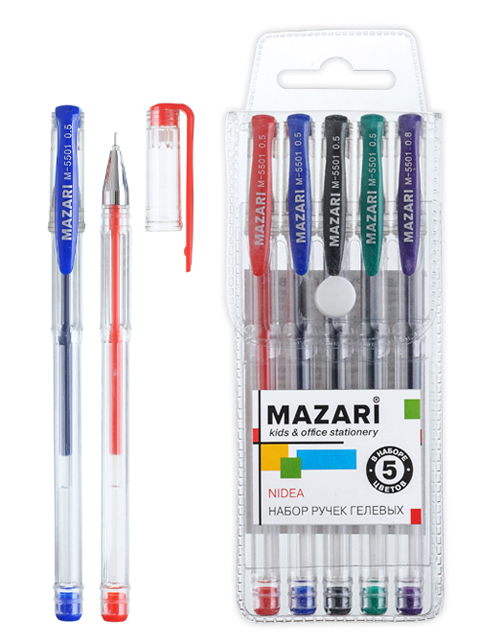 Набор гелевых ручек Mazari "NIDEA" 5 цв. 0.5 мм, корп. пластик. прозр., ПВХ упак.