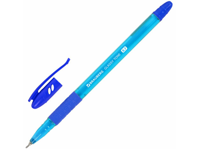 Ручка шариковая масляная BRAUBERG "Glassy Tone", с грипом, узел 0,7 мм, линия 0,35 мм, синяя, 144108
