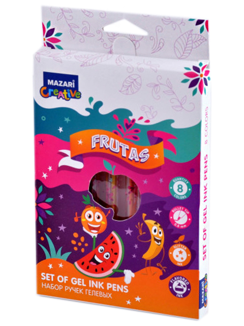 Набор гелевых ручек Mazari "Frutas" 8цв. 0.8мм, с блестками, аромат.