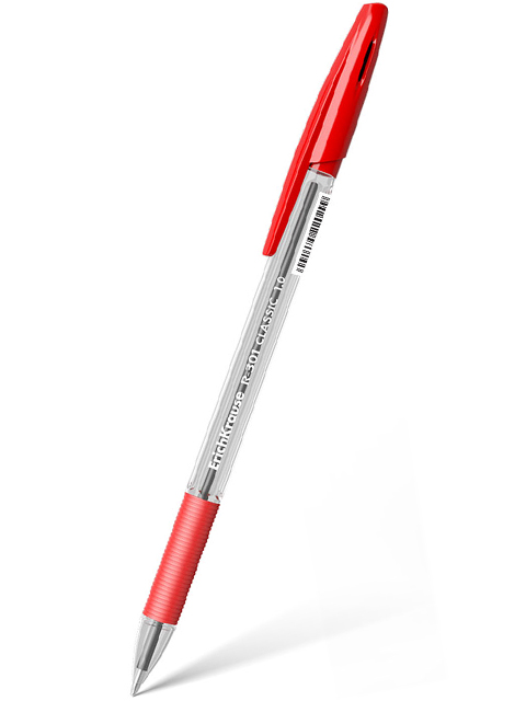 Ручка шариковая Erich Krause "R-301 Classic. Stick & Grip" 1 мм, корпус пластиковый прозрачный, красная