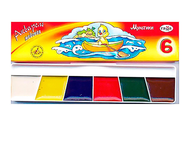 Краски акварельные Гамма "Мультики" 6 цветов, медовые, без кисти, в картонной упаковке