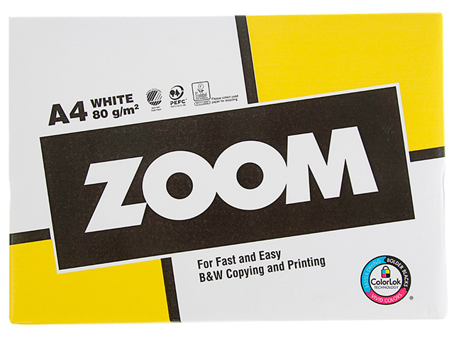 Бумага для офисной техники ZOOM (А4, 80 г/кв.м, белизна 150% ISO/CIE, 500 листов)