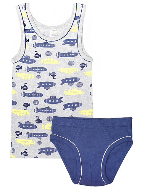 Комплект для мальчика майка + трусы "Подводные лодки" серый+ джинсовый, размер/рост : 52/86-92