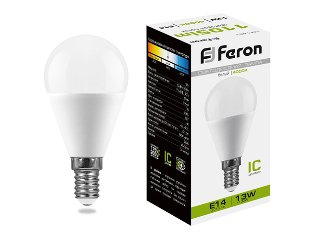 Лампа светодиодная "Feron" E14 13Вт 4000К, матовый шар, белый