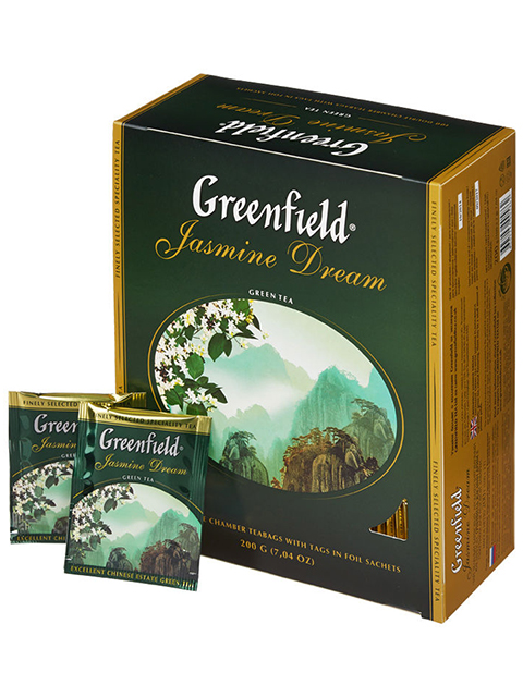 Чай Greenfield зеленый в пакетиках с ярлыками 2 г 100 штук JASMINE DREAM в пачке