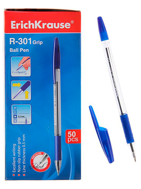 Ручка шариковая Erich Krause "R-301 Grip" 1,0 мм, корпус прозрачный, синяя