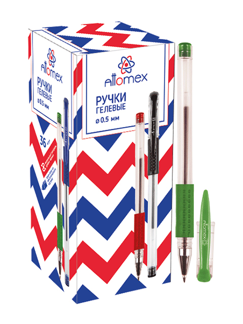 Ручка гелевая Attomex 0,5 мм, корп.прозр., резинов. держатель, зеленая