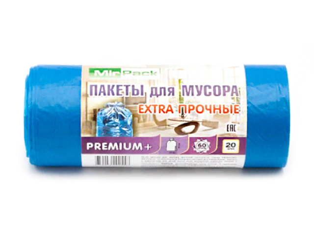 Мешок для мусора 60л. 20шт. "MirPack. Premium+" 50х60 см, супер прочные, синие, 20 мкм