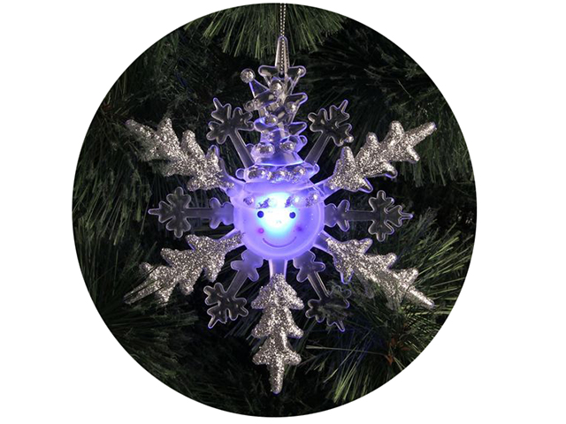 Елочное украшение Подвеска Снежинка-снеговик (серебряная) 1LED RGB, на батарейках