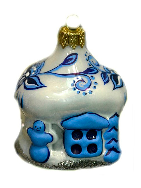 Елочное украшение фигурка "Изба Гжель", 9 см, стекло, в подарочной упаковке