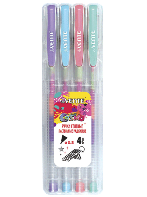 Набор гелевых ручек "deVENTE. Cosmo Rainbow" 4 пастельных цвета, 0,8мм, с блестками, в пластиковой упаковке