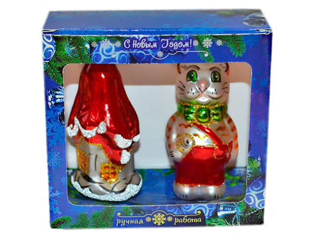 Набор елочных игрушек "Кошкин дом", 2 штуки 11см, стекло, в подарочной упаковке