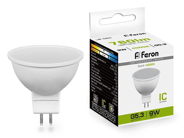 Лампа светодиодная "Feron" MR16 GU5.3, LED 9Вт, 4000К, белый