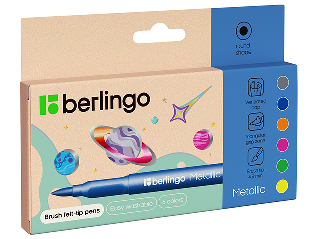 Фломастеры Berlingo "Metallic", 6 цв., смываемые с кистевым пишущим узлом