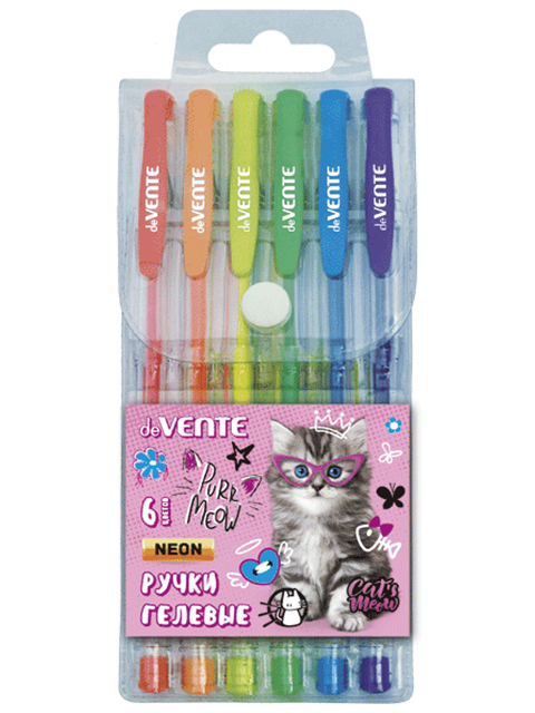 Набор гелевых ручек "deVENTE. Котенок" 6 цветов, 0.8мм, неоновые, в ПВХ упаковке