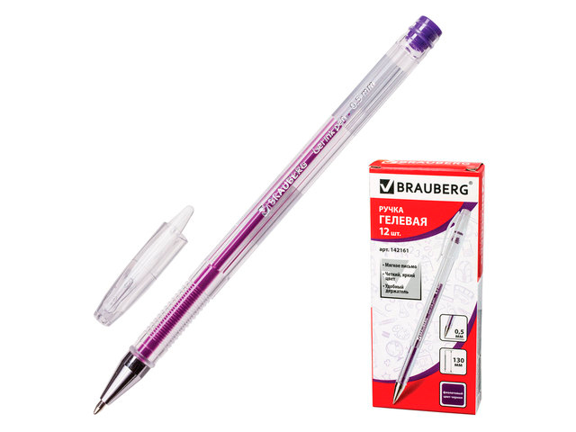 Ручка гелевая BRAUBERG "Jet", корпус прозрачный, узел 0,5 мм, линия 0,35 мм, фиолетовая, 142161