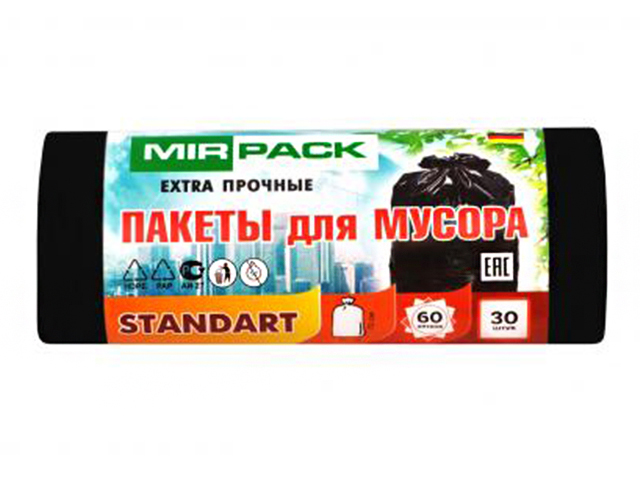 Мешок для мусора 60л. 30шт. "MirPack. Standart" 60х70 см, 7 мкм, черный