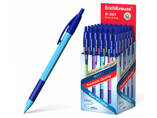 Ручка шариковая автоматическая Erich Krause "R-301 Neon Matic&Grip" 0,7 мм, корп. пластик, синяя