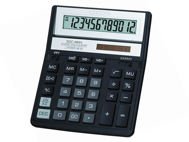 Калькулятор настольный CITIZEN "SDC-888XBK" 12 разрядов, двойное питание, черный