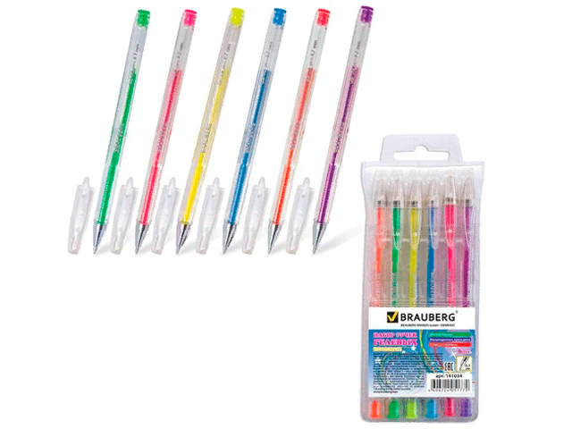 Ручки гелевые BRAUBERG, набор 6 шт., "Jet", чернила неоновые, узел 0,7 мм, линия 0,5 мм, ассорти, 141034