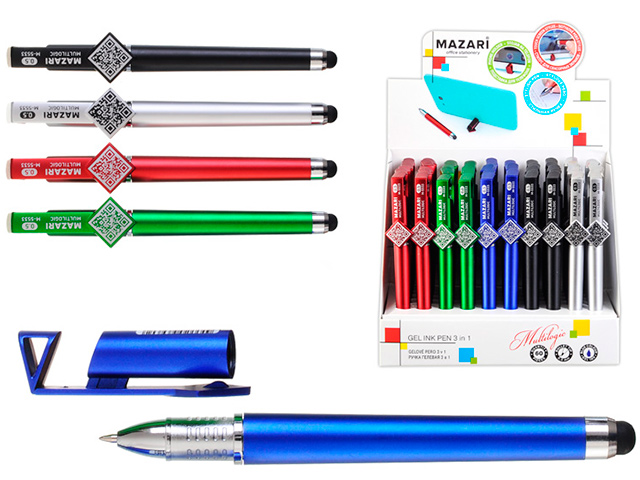Ручка гелевая Mazari "Multulogic" 3 в 1 (ручка + подст. д/тел. + стилус) синяя