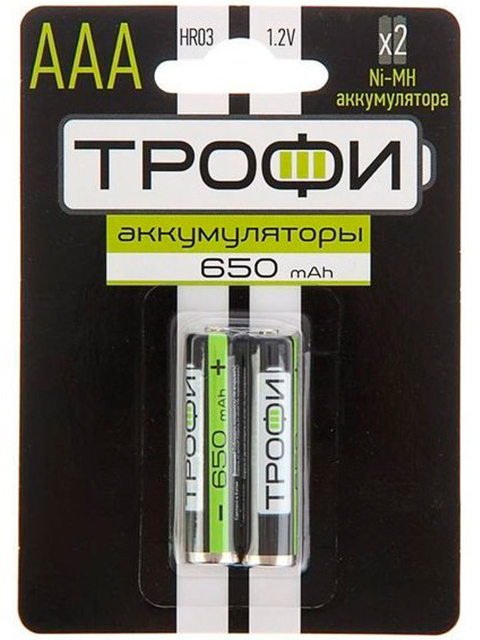Батарейка аккумуляторная (мизинчиковая) Трофи HR03-2BL 650 mAh, 2 шт, кор.(10 уп)
