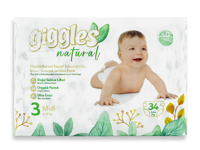 Подгузники GIGGLES NATURAL twin Midi size baby diaper 4-9 кг 34шт