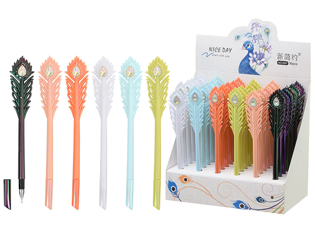 Ручка гелевая Basir "Перо павлина" перламутровый пластиковый корпус с кристаллом, ассорти, синяя