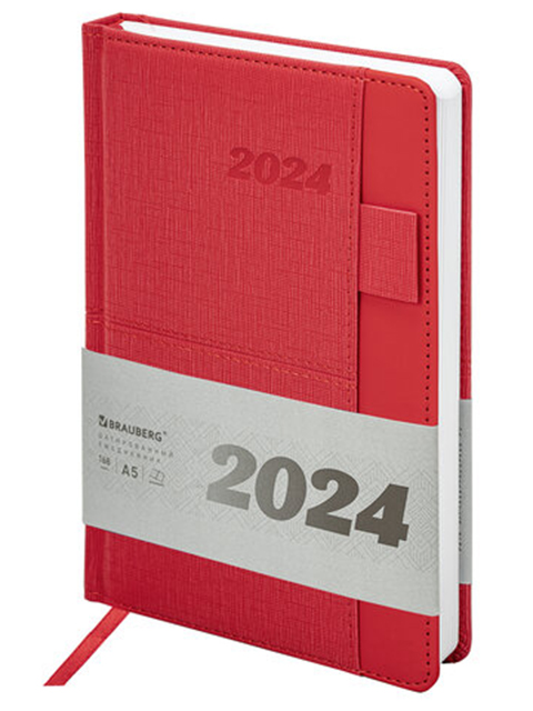 Ежедневник датированный А5 168 листов Brauberg "Pocket 2024", под кожу, карман, держатель для ручки, красный