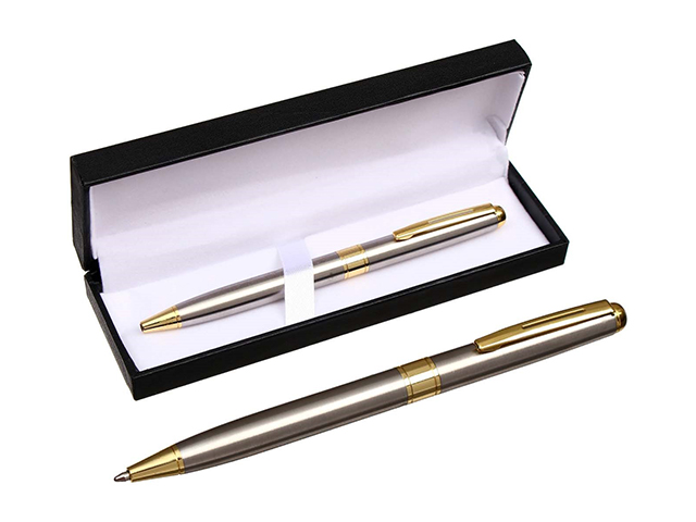 Ручка шариковая с поворотным механизмом Calligrata "New" корпус серебро с золотым, в футляре