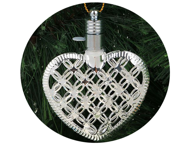 Елочное украшение Подвеска Сердце серебряное 7,5 см, 1LED RGB, на батарейках