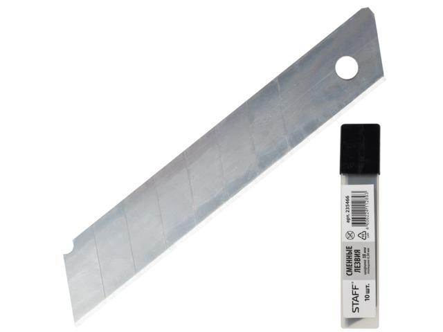 Лезвия для ножей 18 мм STAFF, комплект 10 шт., толщина лезвия 0,38 мм, в пластиковом пенале, 235466