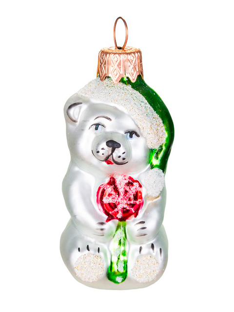 Елочное украшение фигурка "Медвежонок с леденцом", 10см., стекло, в подарочной упаковке.