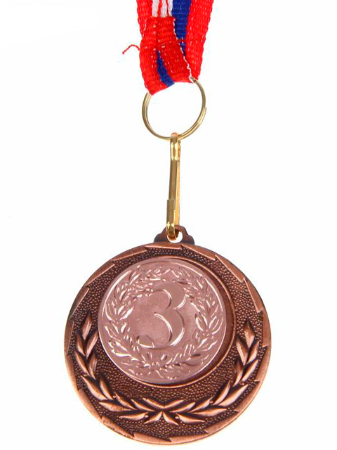 Медаль призовая "3 место" 020 4,0 см, металличекая, на ленте, бронза
