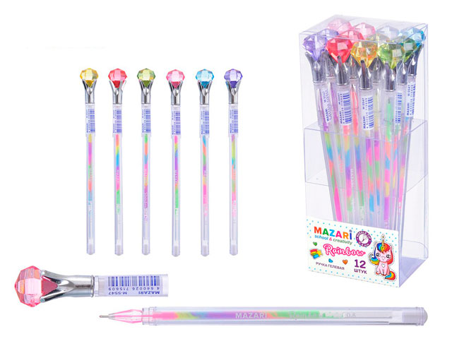Ручка гелевая Mazari "RAINBOW" 0,8 мм, 6 цветов внутри одного стержня, со стразом