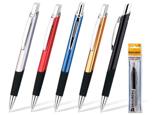 Ручка бизнес-класса шариковая BRAUBERG "Express", корпус ассорти, серебристые детали, резиновый упор, 1 мм, синяя, 141435
