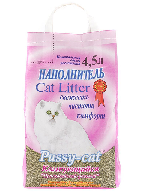Наполнитель для кошачьих туалетов "Pussy-cat. П-расковейский" комкующийся, розовый 4,5л.