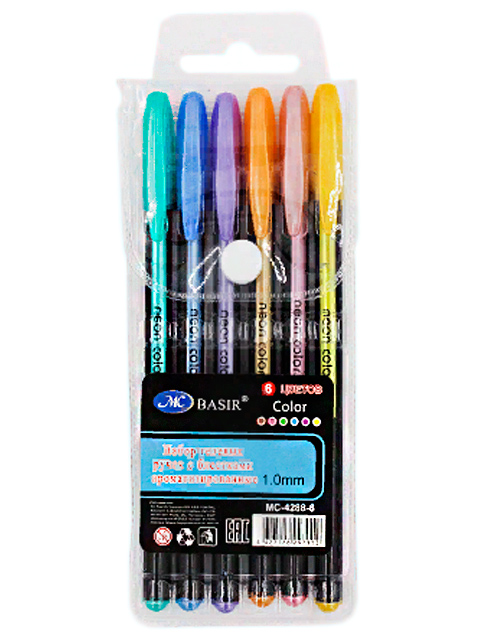 Набор гелевых ручек Basir "Neon Color" 6 цветов, 1 мм, металлик неоновые