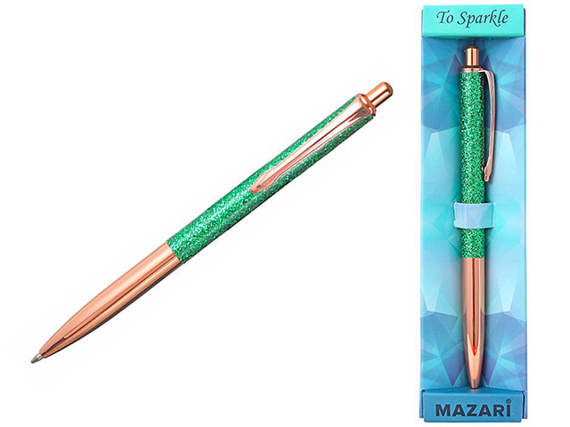 Ручка шариковая автоматическая Mazari "Sparkle", 0,7 мм, зол/св.зел блест синяя, в подарочной упаковке