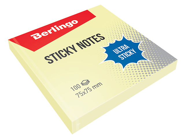 Блок для записей с клеевым краем Berlingo "Ultra Sticky", 75*75мм, 100л, пастель, желтый