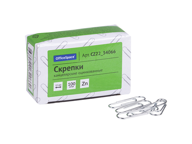 Скрепки "OfficeSpace" 22мм оцинкованные, 100 шт. в картонной упаковке