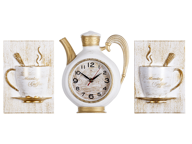 Часы настенные "Классика. Чайник и чашки" корпус белый с золотом, 2622+2-002 ()