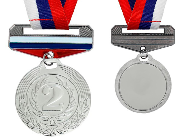 Медаль призовая "2 место" 154 4 см, металлическая, с колодкой триколор, на ленте, серебро