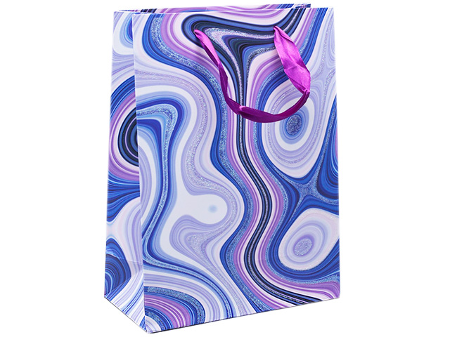 Пакет подарочный бумажный 18х23х10 "Фиолетовые разводы" с блестками, ламинированный
