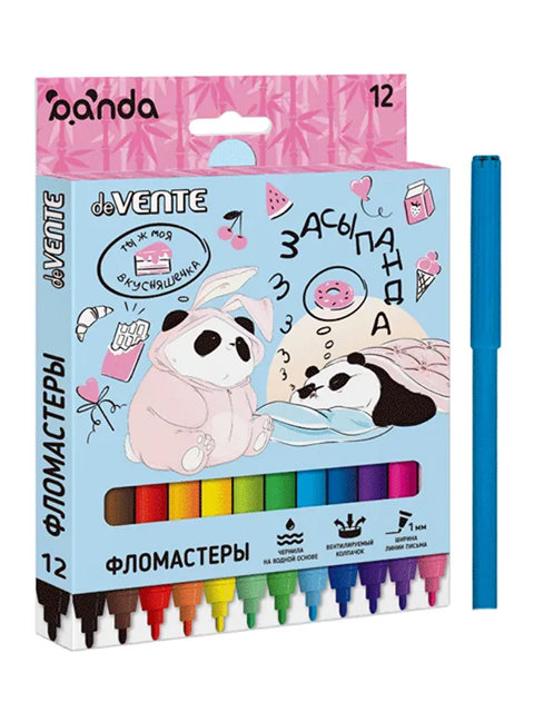 Фломастеры deVENTE "Panda" 12 цветов, вентилируемый колпачок, в карт. упак.