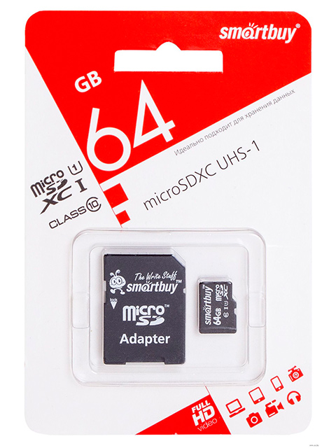 Карта памяти Smart Buy Micro SDHC 64 GB, Class 10, скорость чтения10 Мб/сек. (с адаптером SD) 